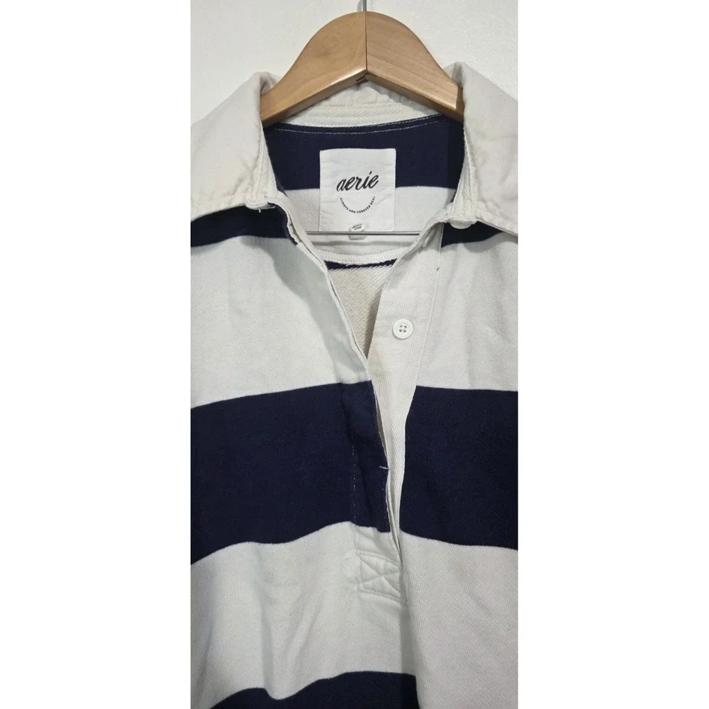 Aerie Prep Rally Rugby Sweatshirt Blue White Striped Oversized XS Pullover EUC - Picture 2 of 8